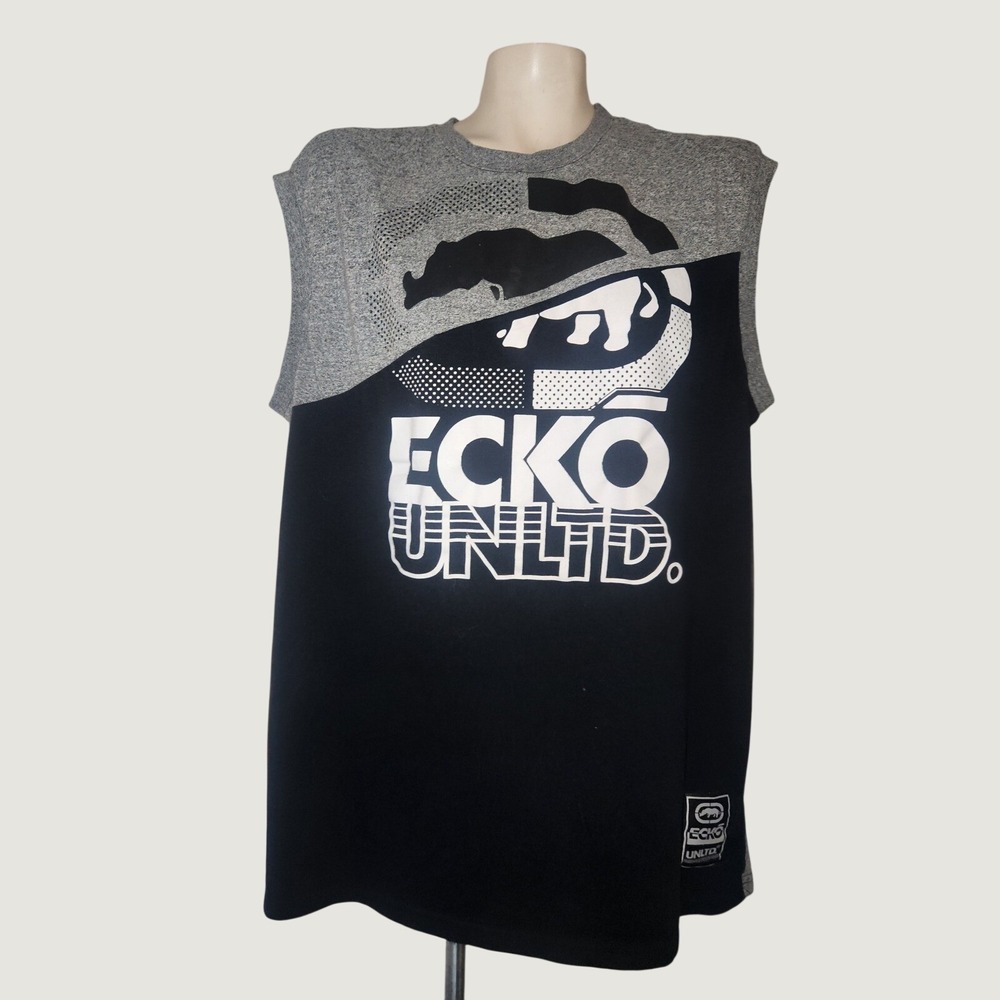 Ecko Unltd Mens Sleeveless Muscle Tee Black Grey Graphic Rhino Logo XL
